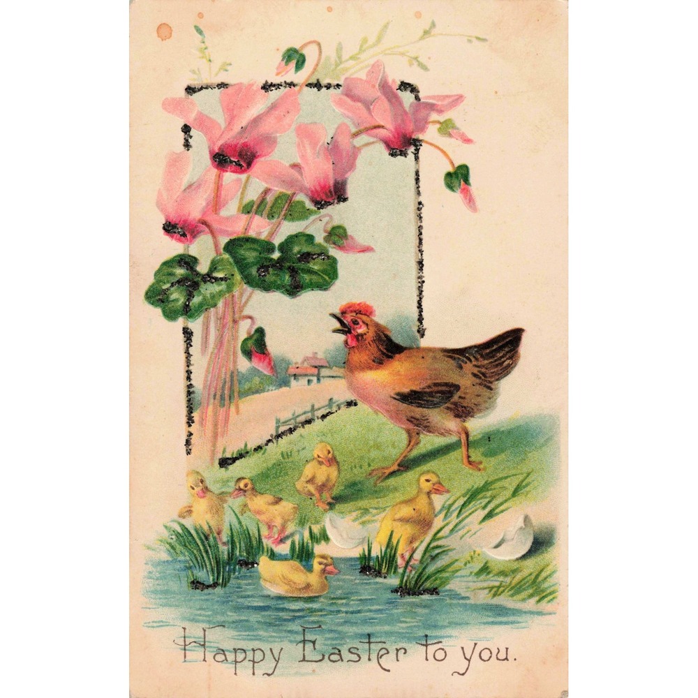 Easter Postcard Hen Mother Chicken Ducklings Pond Cyclamen Flowers Embossed c191